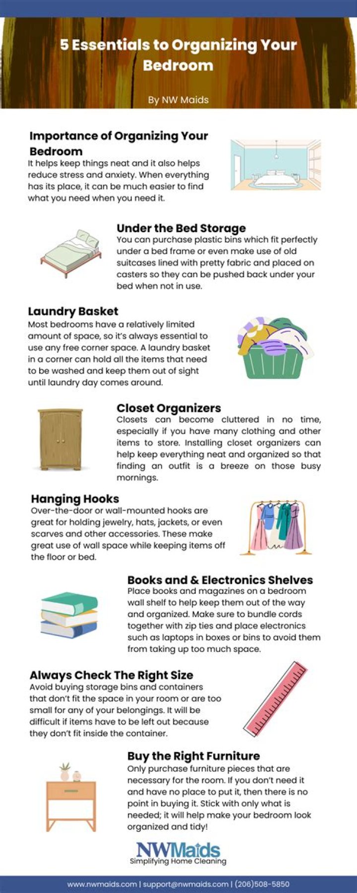 What are five tips for organizing your bedroom?