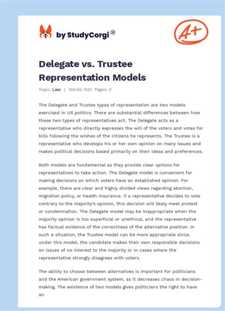 What is the difference between the trustee and delegate models of representation?